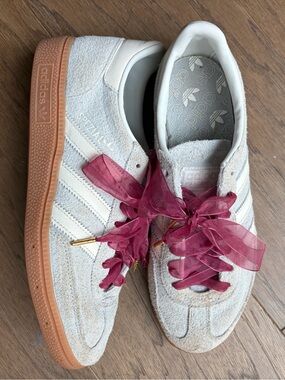 adidas Cream Suede Spezial Sneakers with Pink Ribbon Laces
